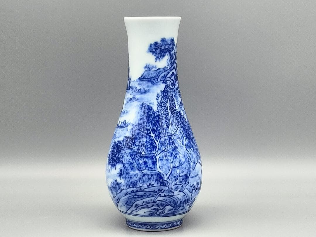 無形文化財 13代玉泉作 染付山水文尺立　共箱 茶道具 三川内焼