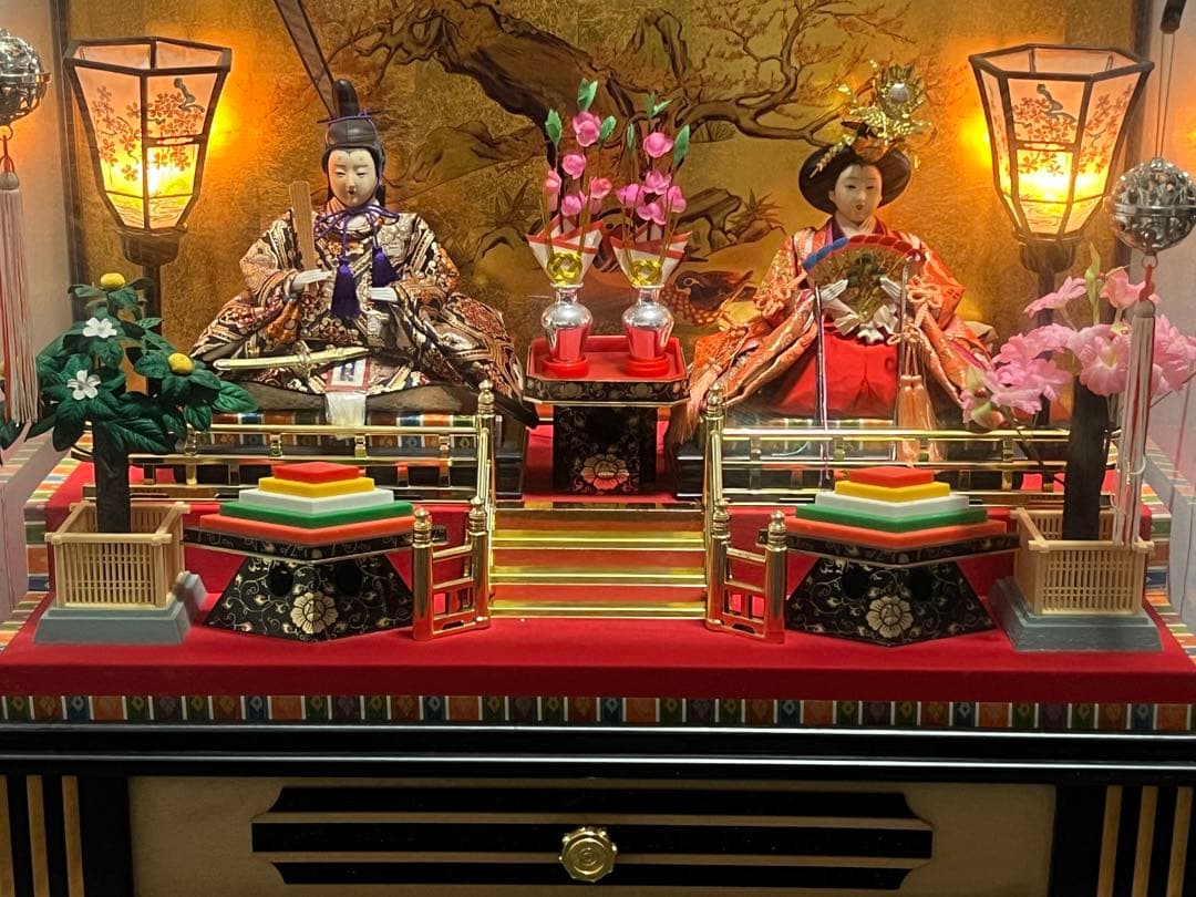 雛人形　親王飾　2人飾り　ガラスケース　オルゴール　元箱有　75×58×36cm