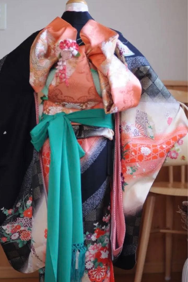 七五三 フルセット 正絹 5歳 7歳 作り帯 袋帯 ジュニア 黒 アンティーク