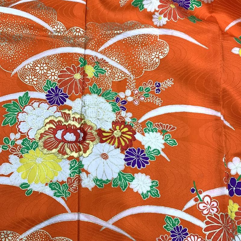 511ag24■七五三 七歳 女児 着物&袋帯 金彩 菊 オレンジ■美品