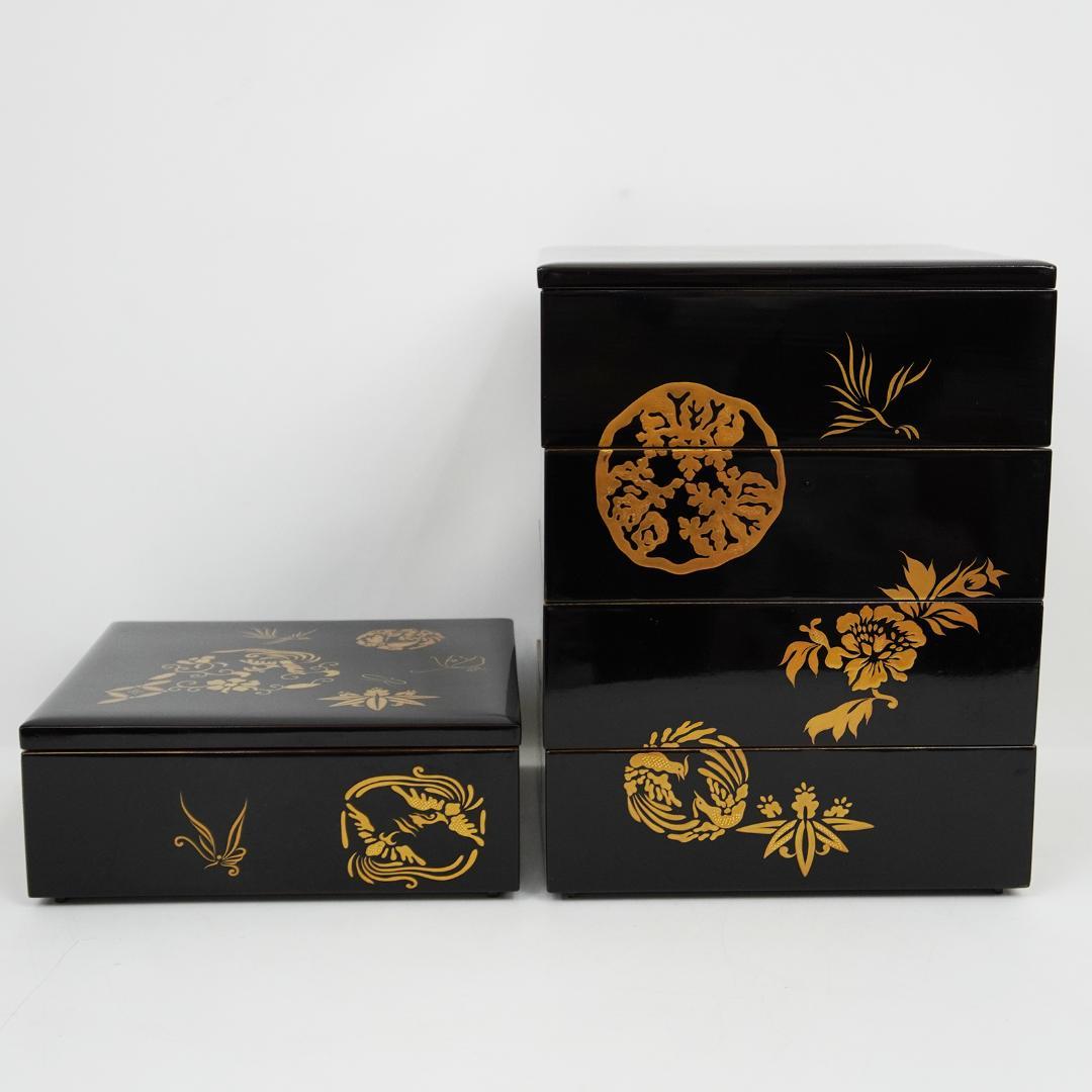 漆 蒔絵 重箱 五段 蓋2枚付き 松竹梅 縁起物 収納箱 付属 黒