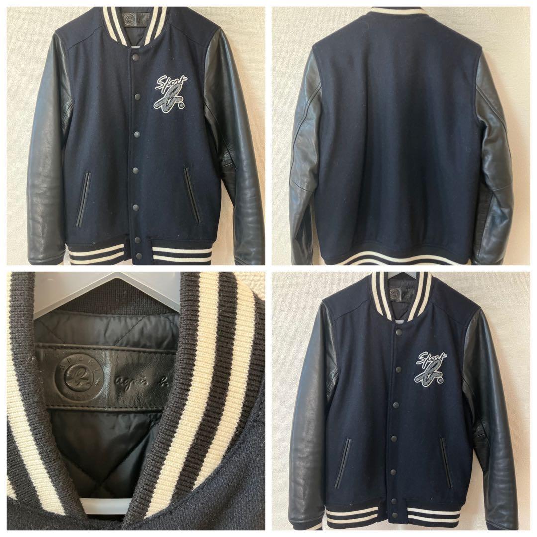 agnes b. SPORT スタジャン ウール レザー 切替 ネイビー