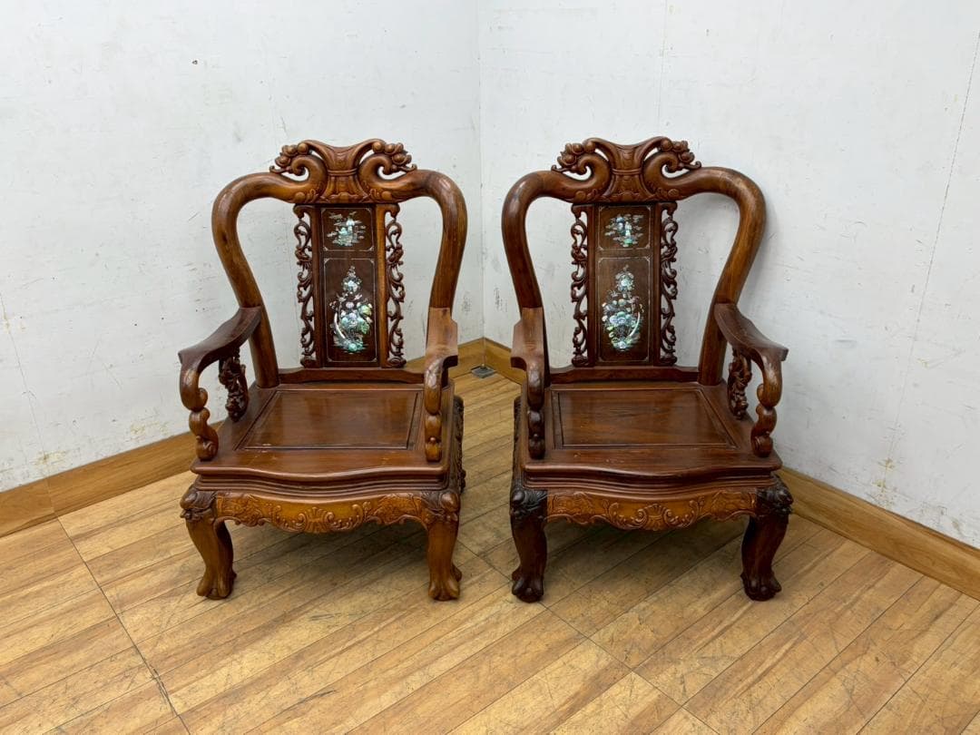 T7990☆美品☆花梨無垢材☆螺鈿細工☆応接6点セット☆唐木家具☆彫刻☆中国☆