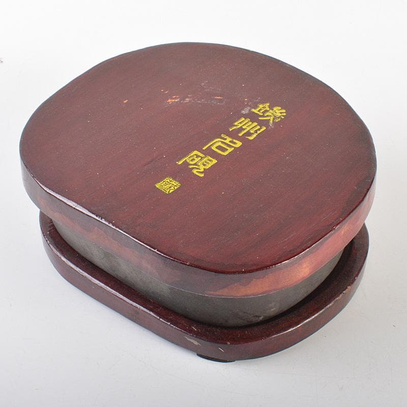 中国　書道具　梅花文　端渓硯　唐木蓋　V　6619