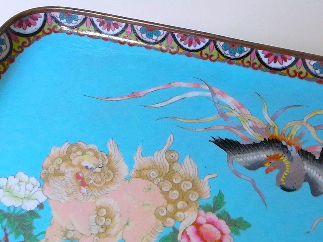 【 E801 】 超名品　明治期尾張七宝上手作品　銀線七宝獅子鳳凰文トレイ