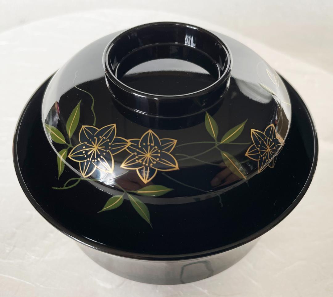吸物椀 色絵鉄線蒔絵 天龍寺椀 黒塗 漆塗 5客 在庫整理 雑煮椀 おせち