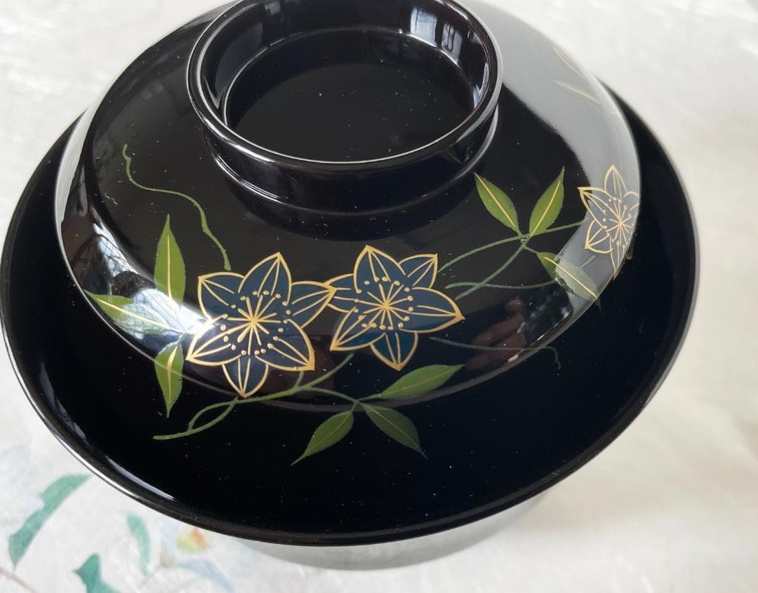 吸物椀 色絵鉄線蒔絵 天龍寺椀 黒塗 漆塗 5客 在庫整理 雑煮椀 おせち