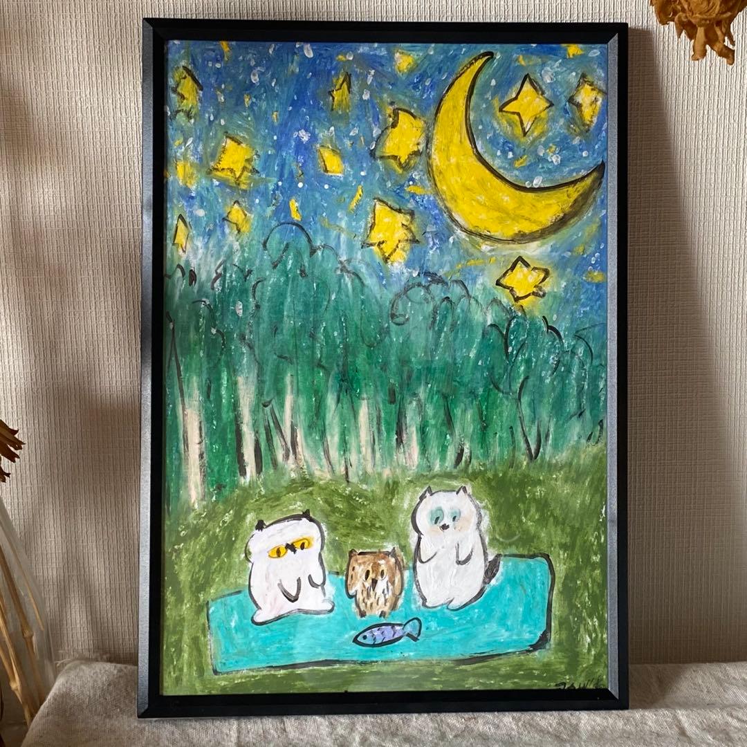 絵画 。壁掛け絵原画手描き【美しい月夜、猫たちとフクロウのデート】