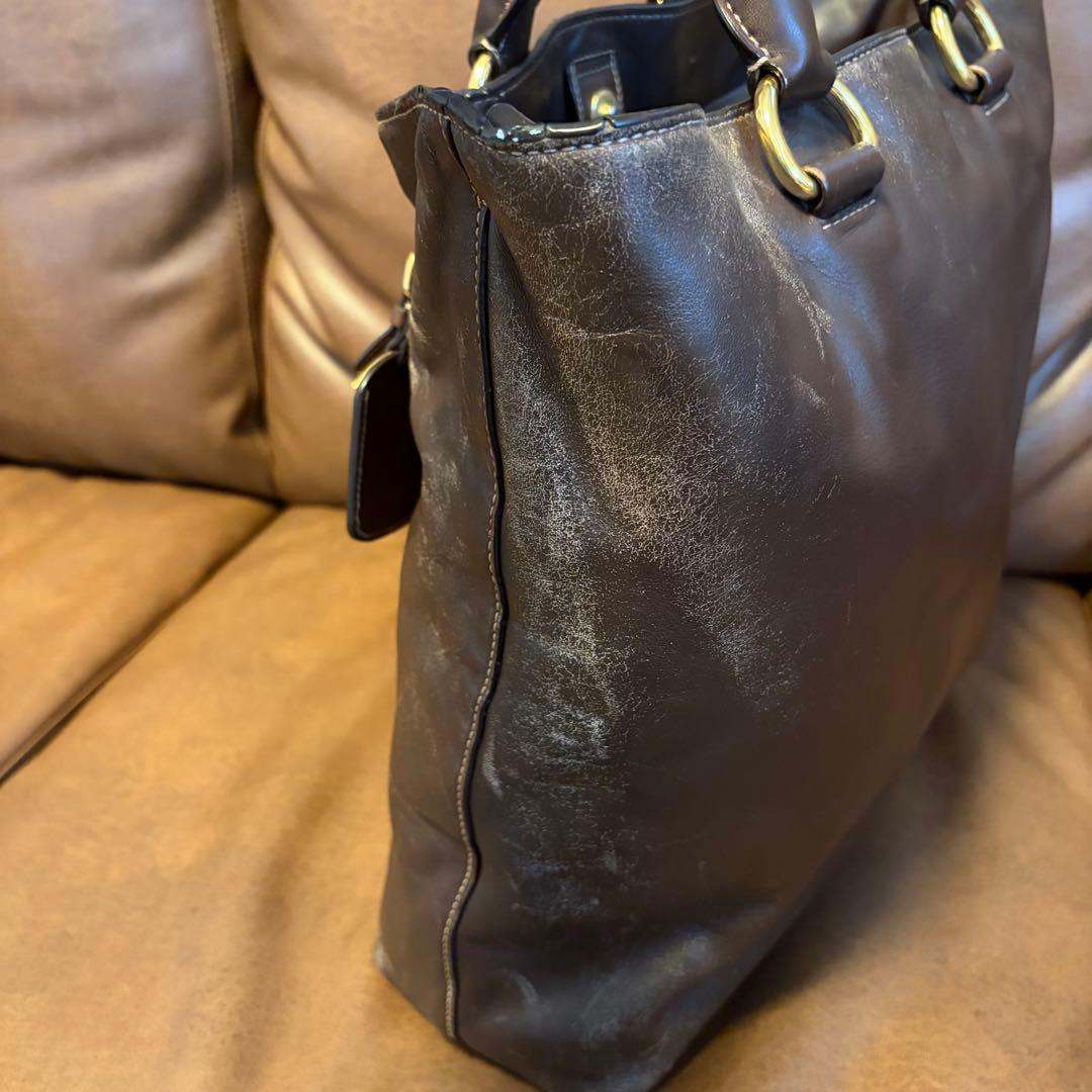 PRADA プラダ ビンテージ レザー 2Way ショルダートートバッグ 茶色