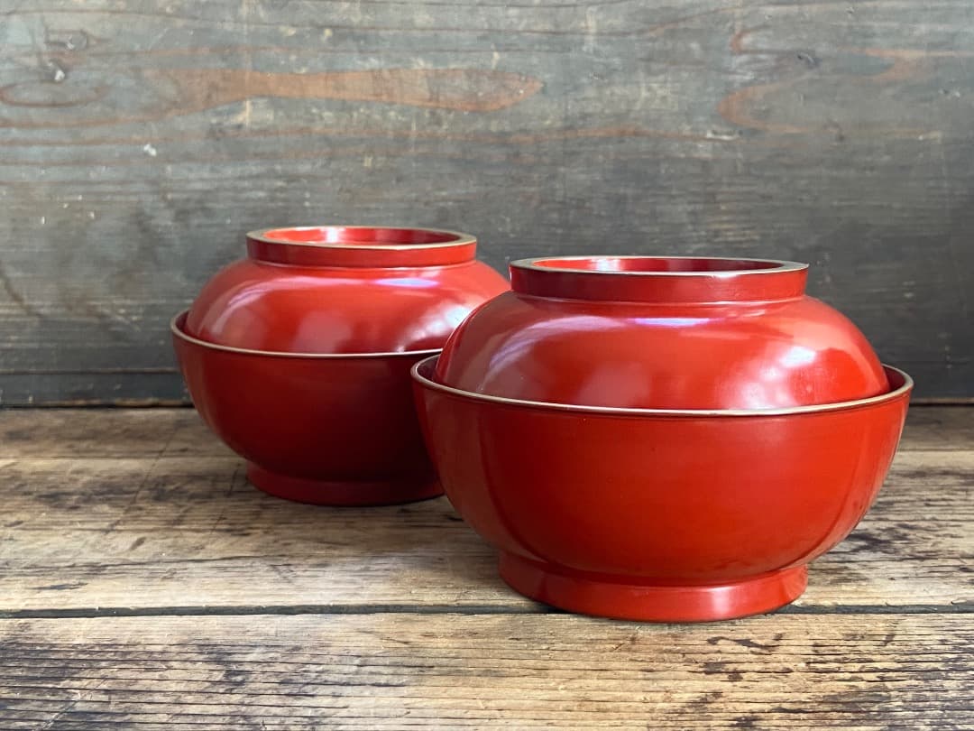 能登蔵出し 輪島塗 朱漆 金縁 煮物椀 2客 / 朱漆 漆器椀 懐石椀 雑煮椀