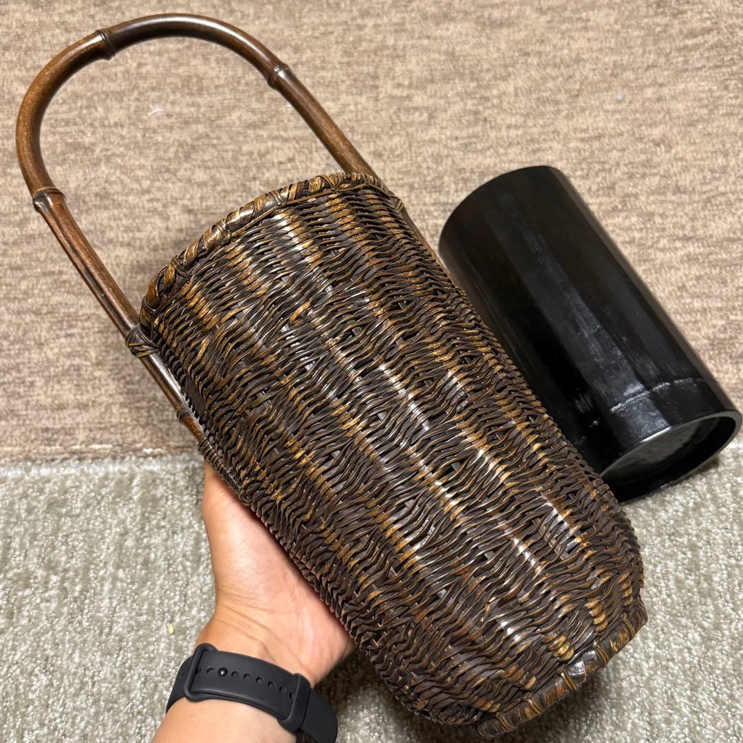 職人手作り 竹 花入 籠 竹職人 毛利健一 （号 有彩）作 竹編み竹工芸 花器
