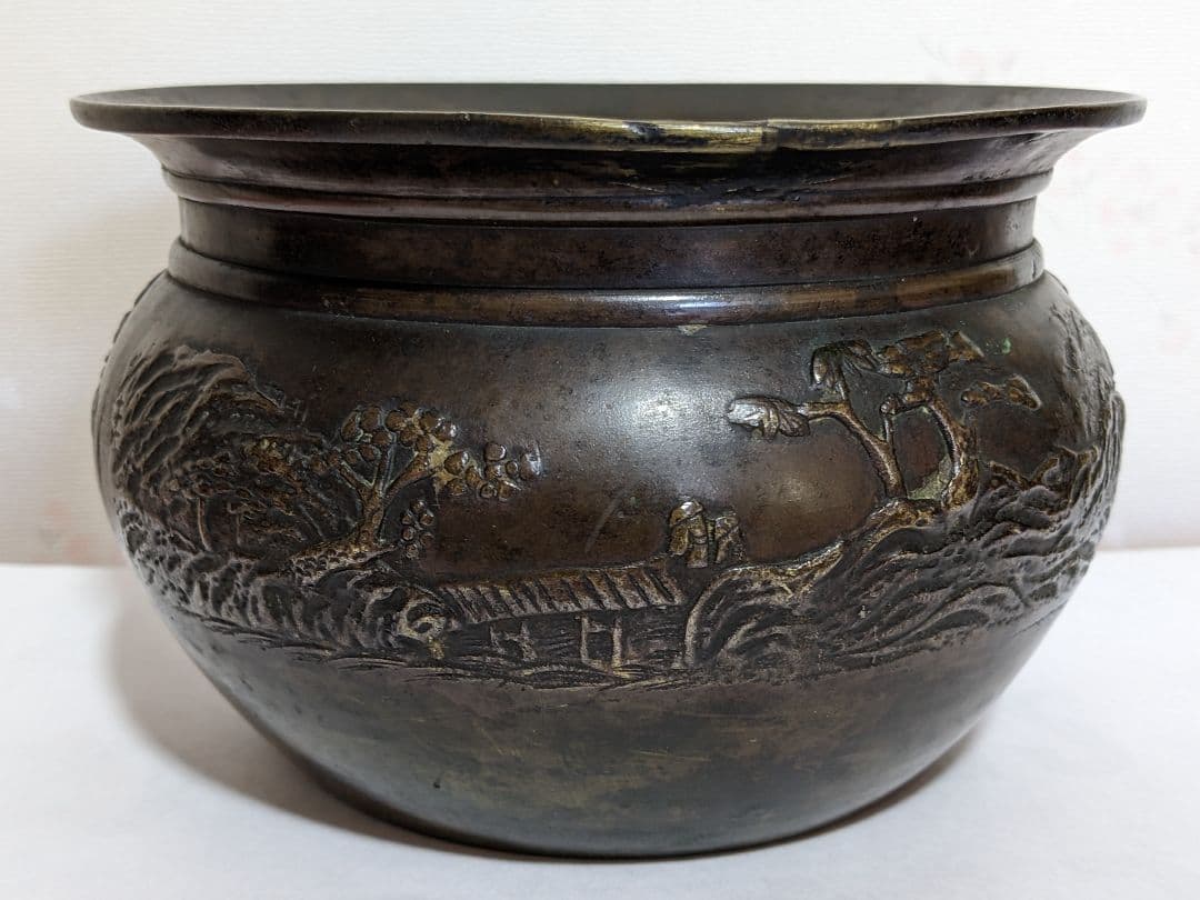 ♦江戸時代後！希少 レア物 唐金 打出し 山水図 建水 香炉 骨董品