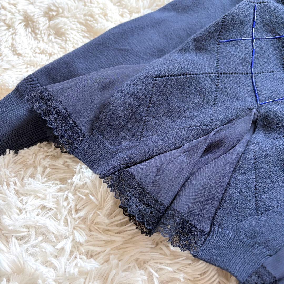 未使用 ミュベール 刺繍 アーガイル ニット レース カーディガン ネイビー
