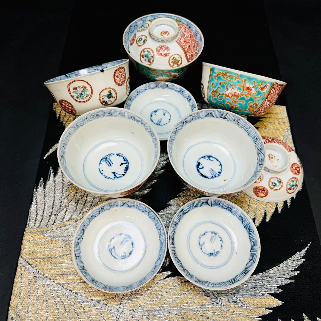 有田焼　古伊万里　染錦染付唐花草　蓋付き茶碗　5客