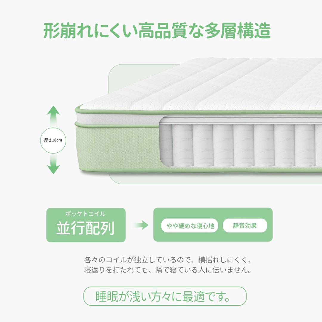 高密度ポケットコイル マットレス クイーン 厚さ18cm 通気性抜群 硬め新品