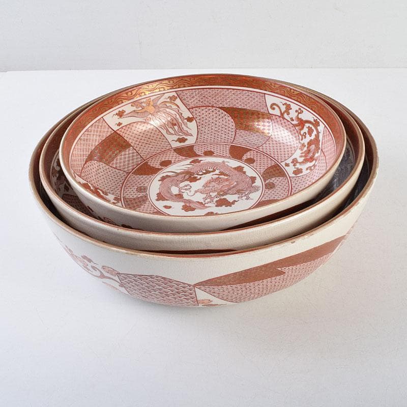 九谷焼　古九谷　赤絵八郎手　龍文　三つ組入れ子　菓子鉢　時代箱　G　R9171H