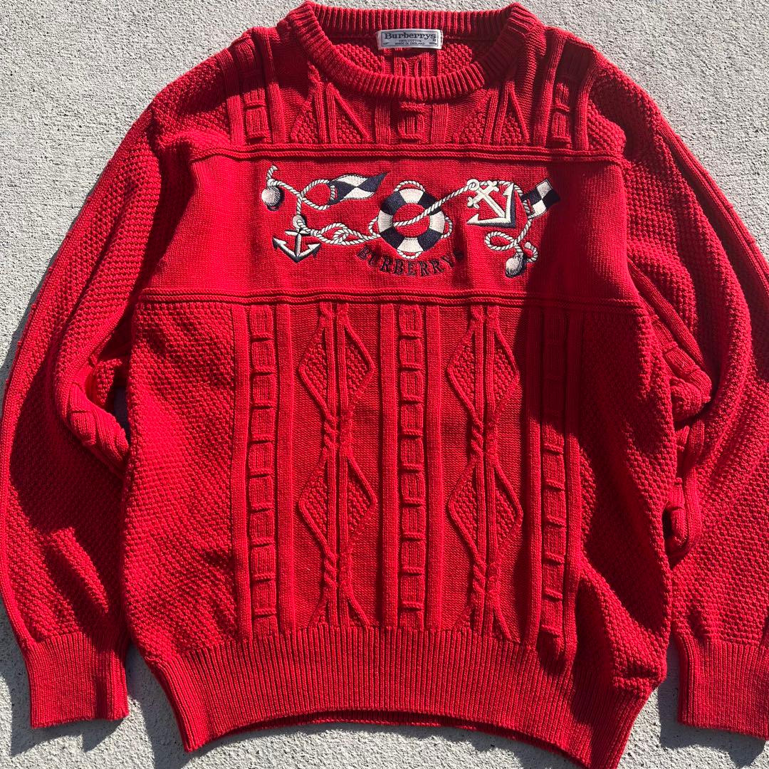 Burberry バーバリー　刺繍ナロゴ ケーブル編みニットセーター　90s 赤