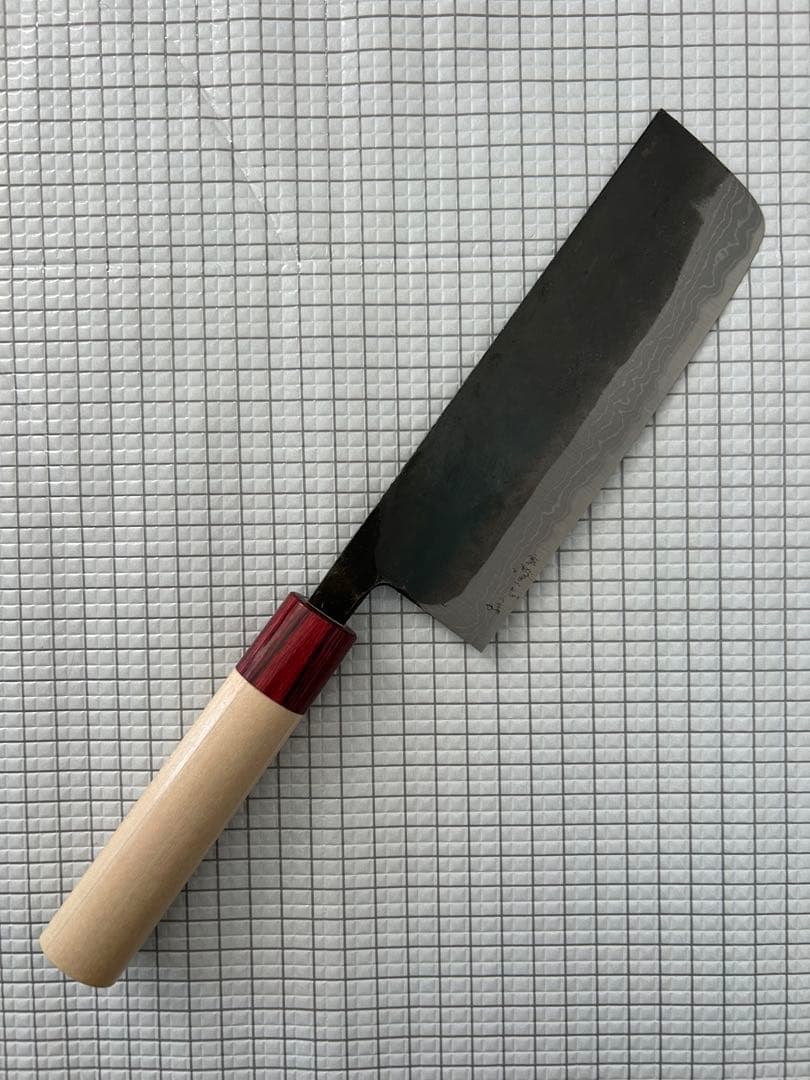 包丁 菜切包丁 菜切 ダマスカス 安来鋼青紙２号 165mm 黒打ち 朴丸柄 ②