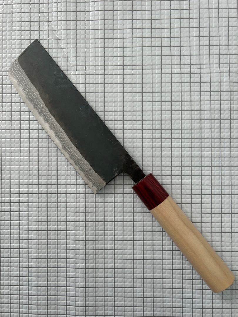 包丁 菜切包丁 菜切 ダマスカス 安来鋼青紙２号 165mm 黒打ち 朴丸柄 ②