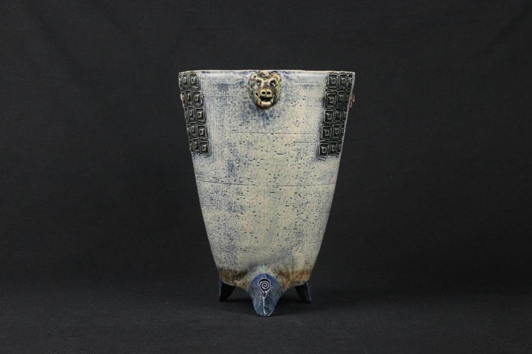 現代アート　西川勝 作　灰釉陶彩 三獣三足器　 花器・壺EN11-12