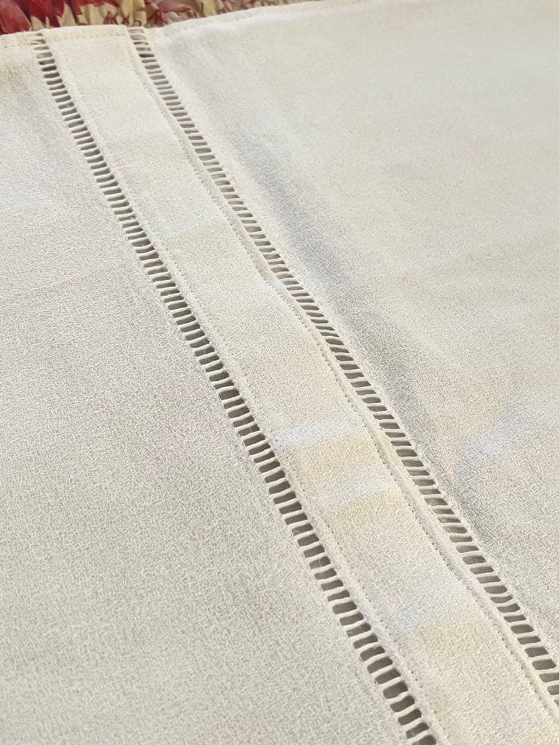 【美品】フランスアンティーク 手刺繍モノグラム テーブルクロス 赤のフリル付