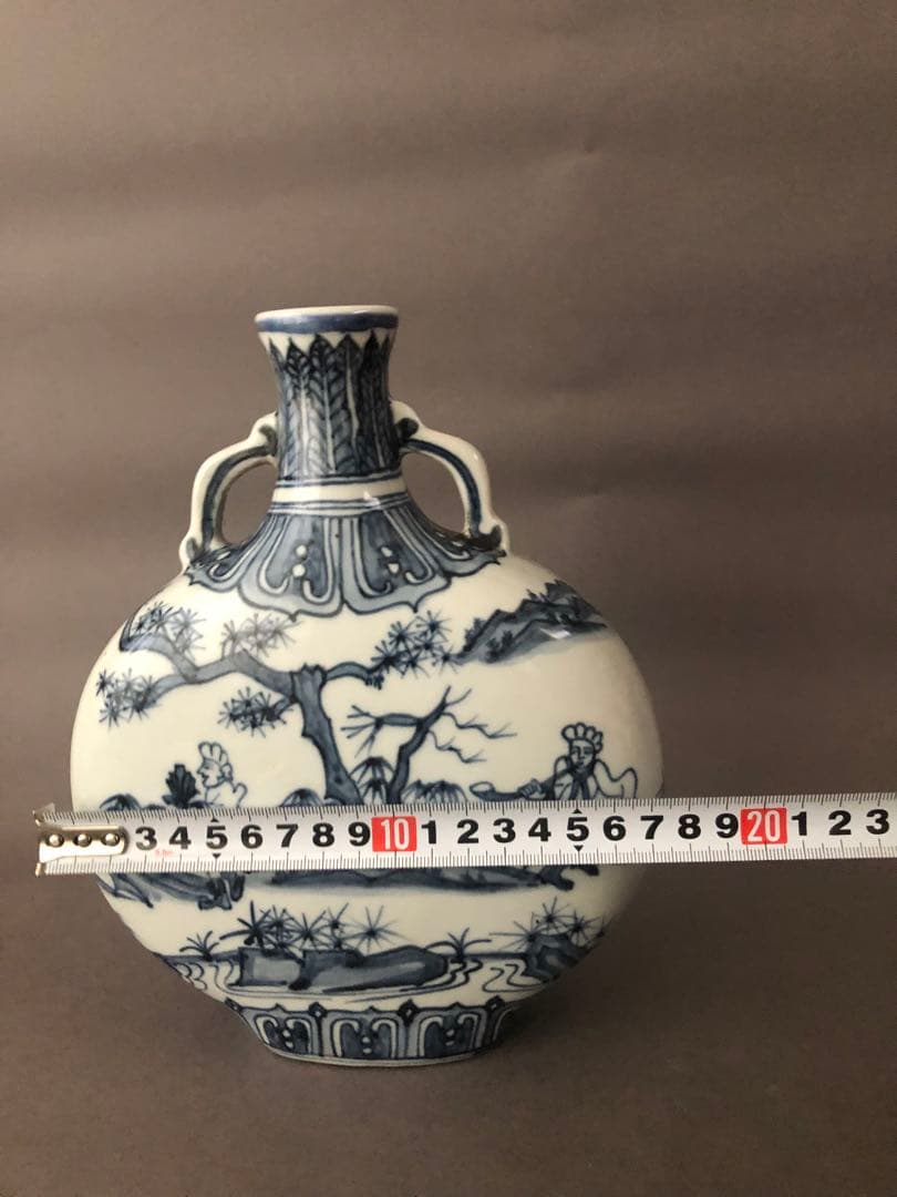 中国骨董古美術　染付 青花唐人景紋 扁壺 アンティーク