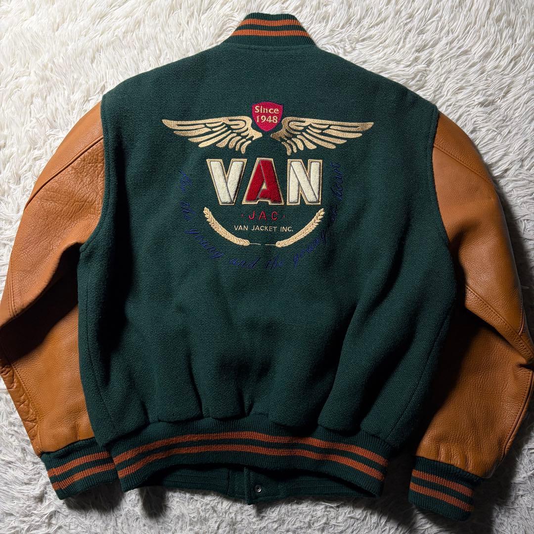 強*欲様 美品/希少✨VAN JACKET スタジャン　袖レザー　グリーン　ブラ