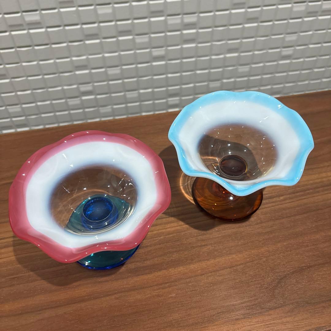 氷コップ 三色 手吹き ガラス 乳白色 レトロ 色付き脚 セット