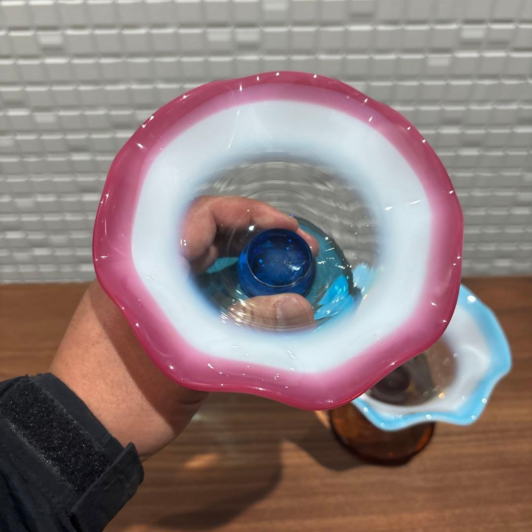 氷コップ 三色 手吹き ガラス 乳白色 レトロ 色付き脚 セット