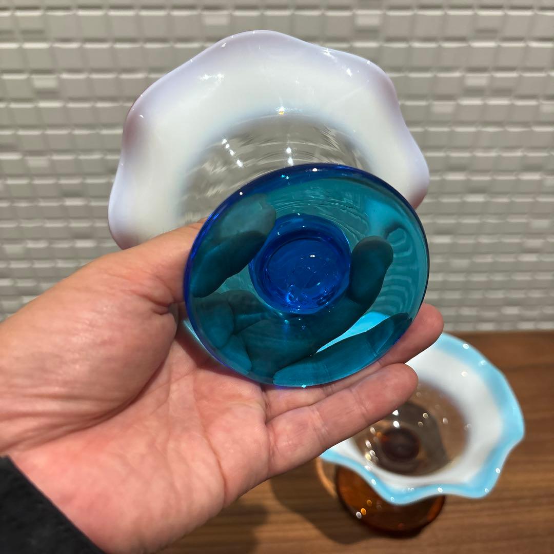 氷コップ 三色 手吹き ガラス 乳白色 レトロ 色付き脚 セット