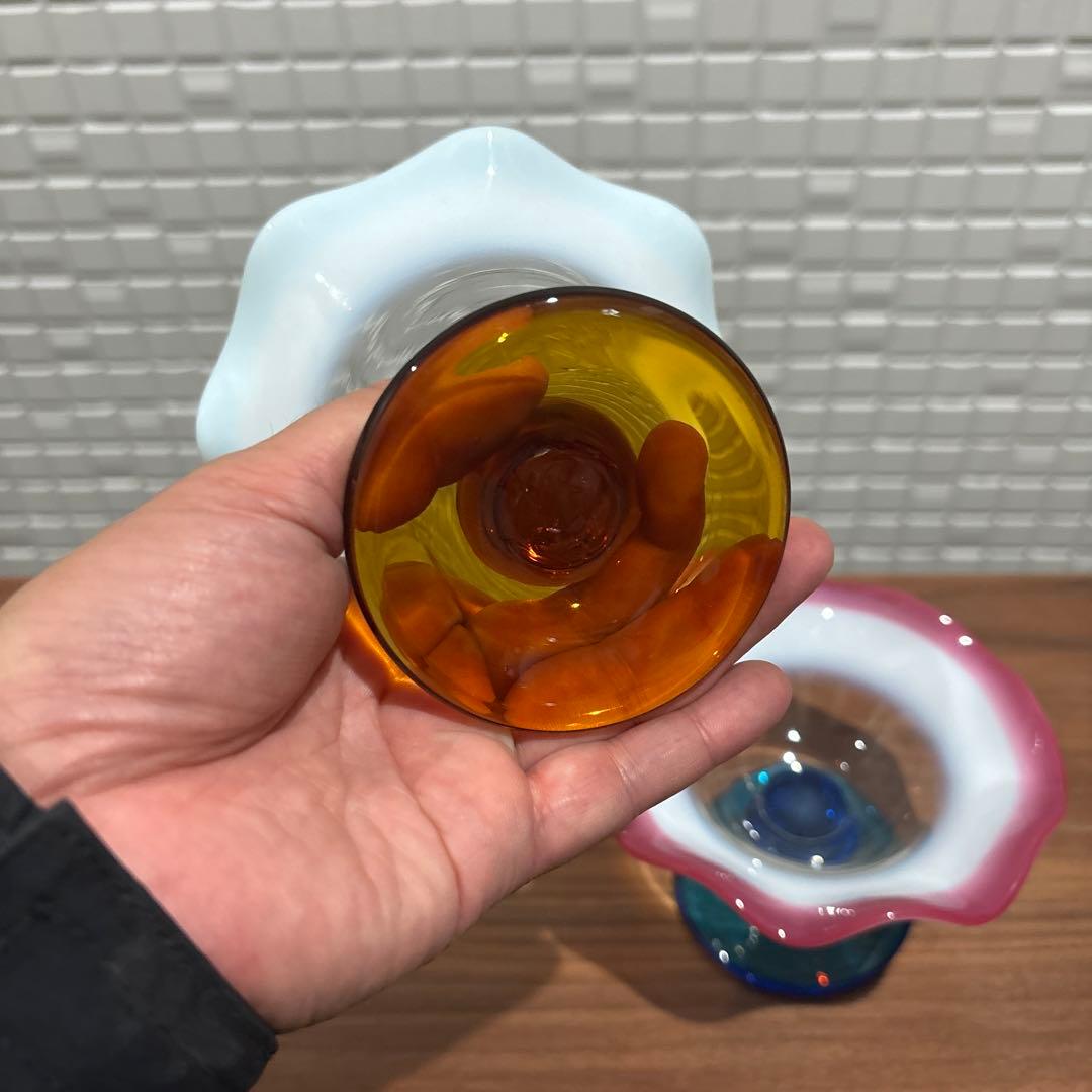 氷コップ 三色 手吹き ガラス 乳白色 レトロ 色付き脚 セット