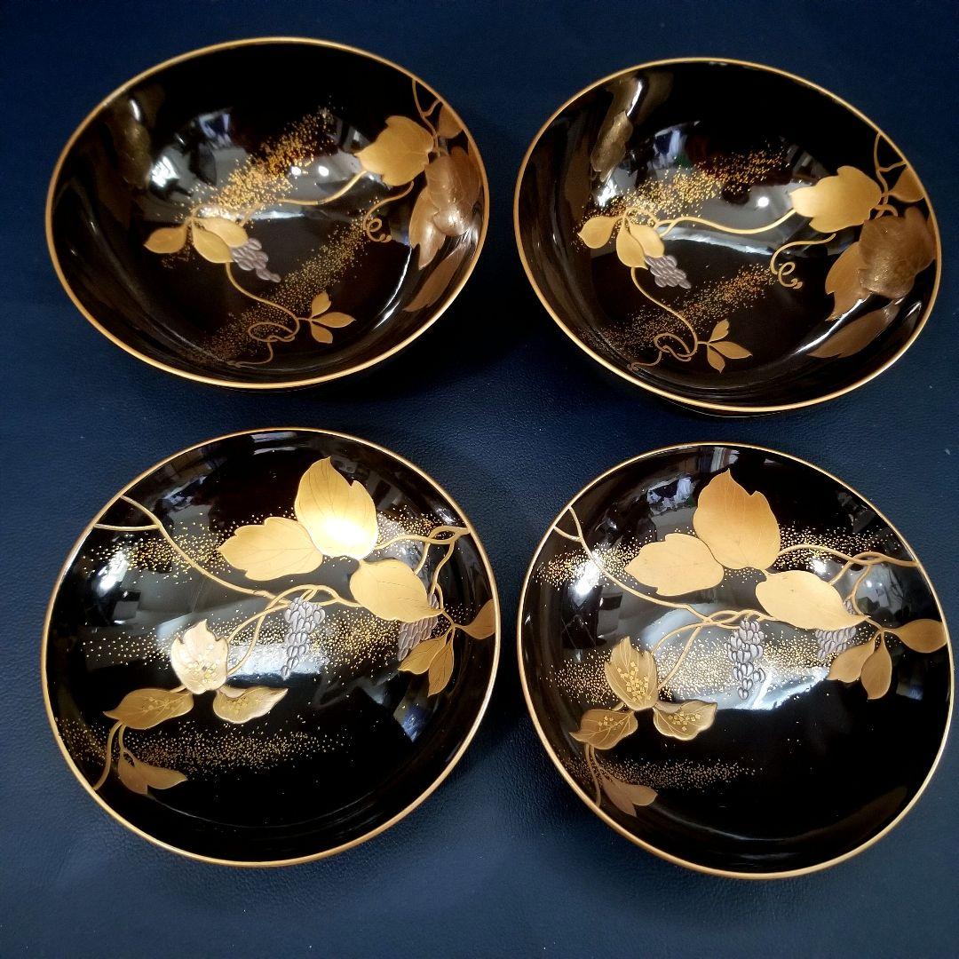 美品 輪島塗 黒漆塗 本金加賀蒔絵 金銀彩内・見返し総蒔絵 吸物椀 雑煮 2客