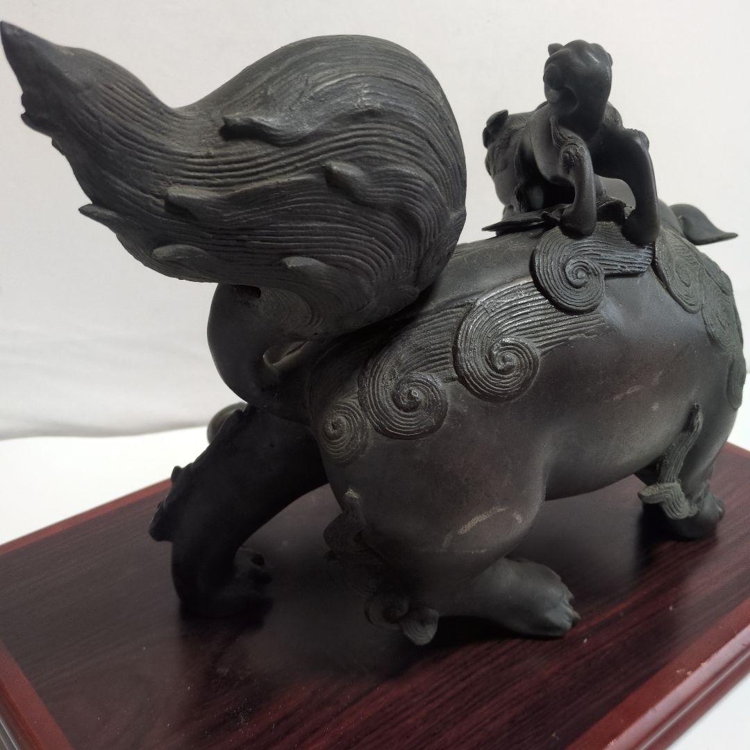 旧家　古い銅製　高炉　獅子　古銅宣徳銅　神獣　魔除　縁起物　彫金　玉獅子
