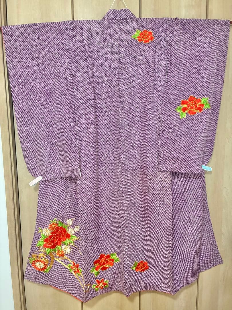 七五三 七歳女の子 着物 紫 総絞り　刺繍入り 着物セット