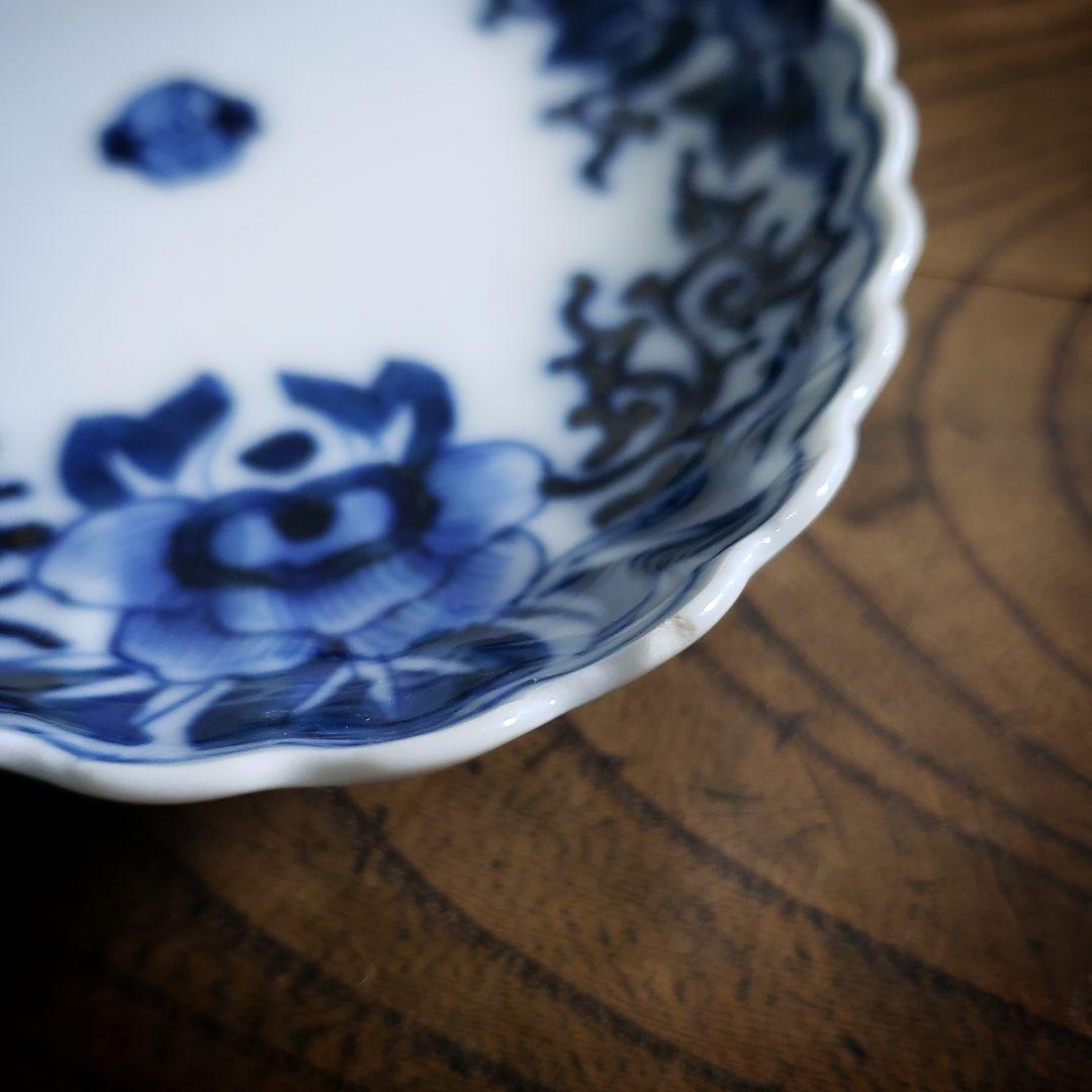 染付　舟形皿　変形皿　角福　古伊万里　牡丹唐草　唐花文　花弁縁　江戸　ロ号　欠け