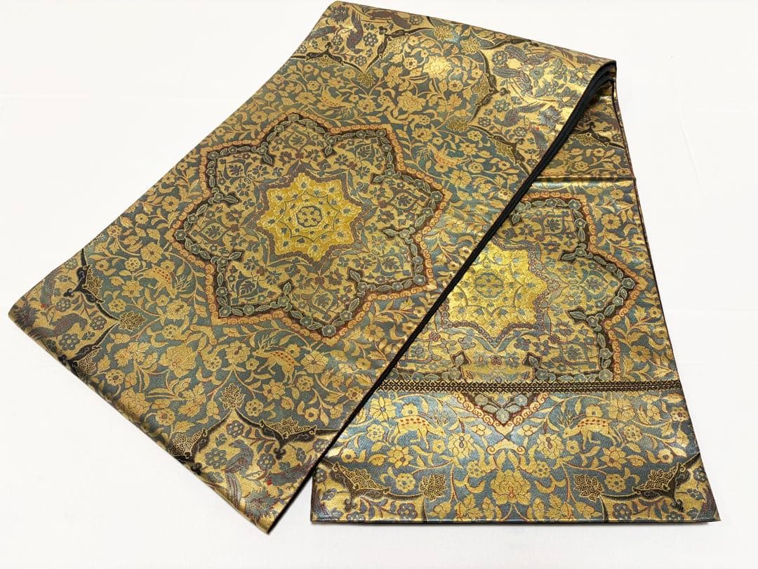 C 西陣 服部織物 本金箔 純金箔 こはく錦 イタリア更紗 唐草唐花 華文 袋帯