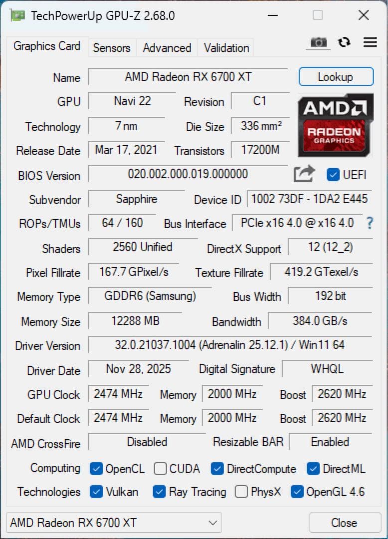 グラフィックボード・グラボ・ビデオカード Radeon Sapphire pulse RX 6700 XT 12GB