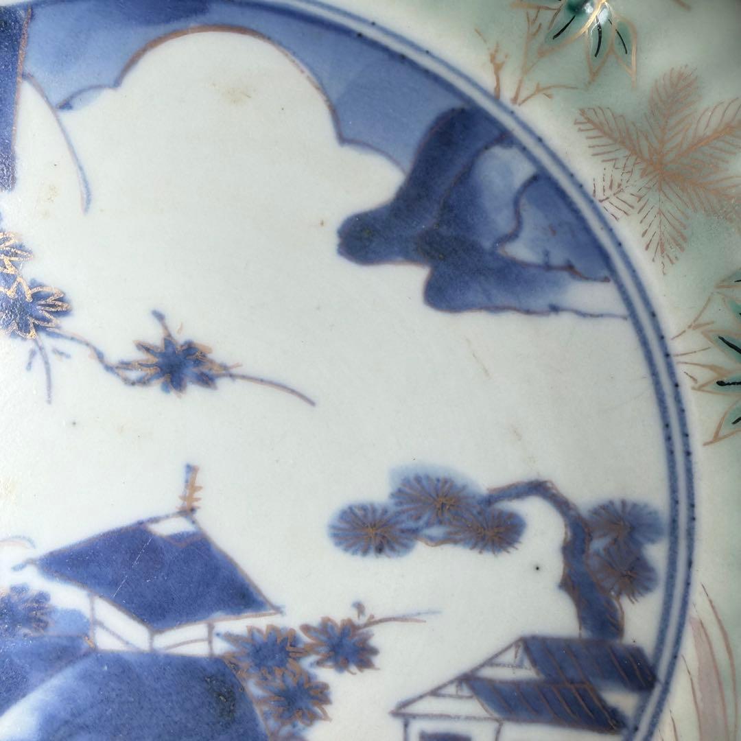 古伊万里　青磁染付風景図菊花形七寸皿　太明成化年製　直径約21cm　鶴亀