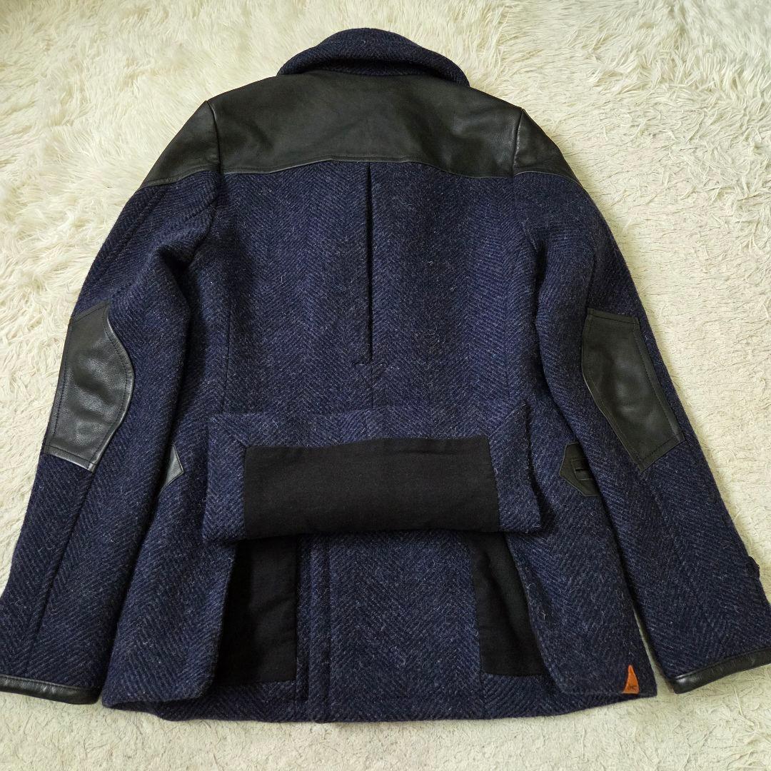 美品 デンハム フォックスブラザーズ ツイード レザー切り替え Pコート S相当