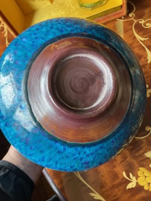 青色陶器花瓶 釉薬仕上げ 専用箱付き