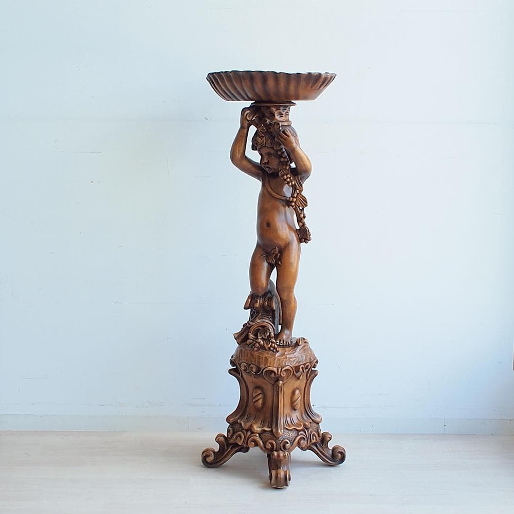 木彫り 天使 フラワースタンド 花台 彫刻 高さ128cm