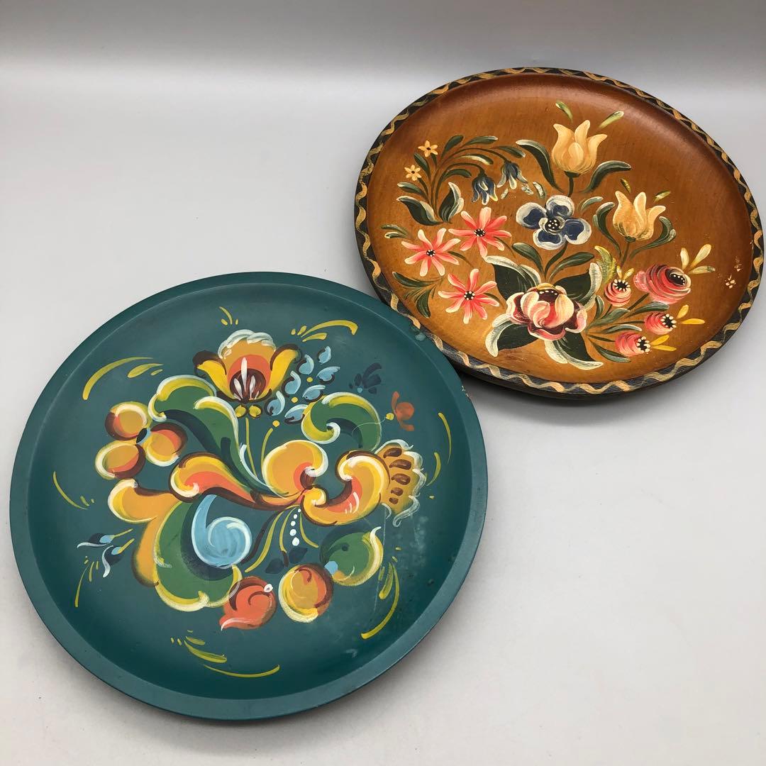 ノルウェー伝統装飾様式ローズマリングフラワー手描き飾り皿プレート民芸品２点セット