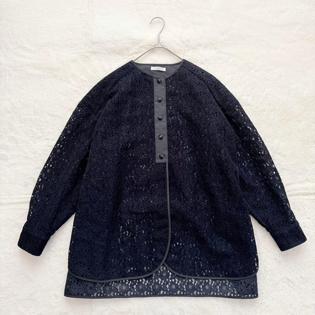 完売品✨yori フロッキーレースシャツ　ネイビー　Fサイズ 2025AW