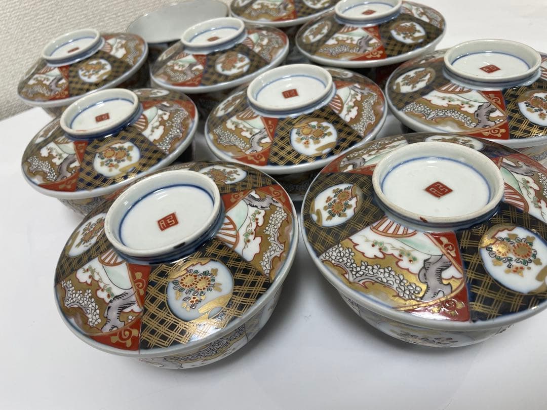 【現状品】有田焼 古伊万里焼 蓋付碗 煮物椀 汁椀 飯碗 10客 蓋9枚 レトロ