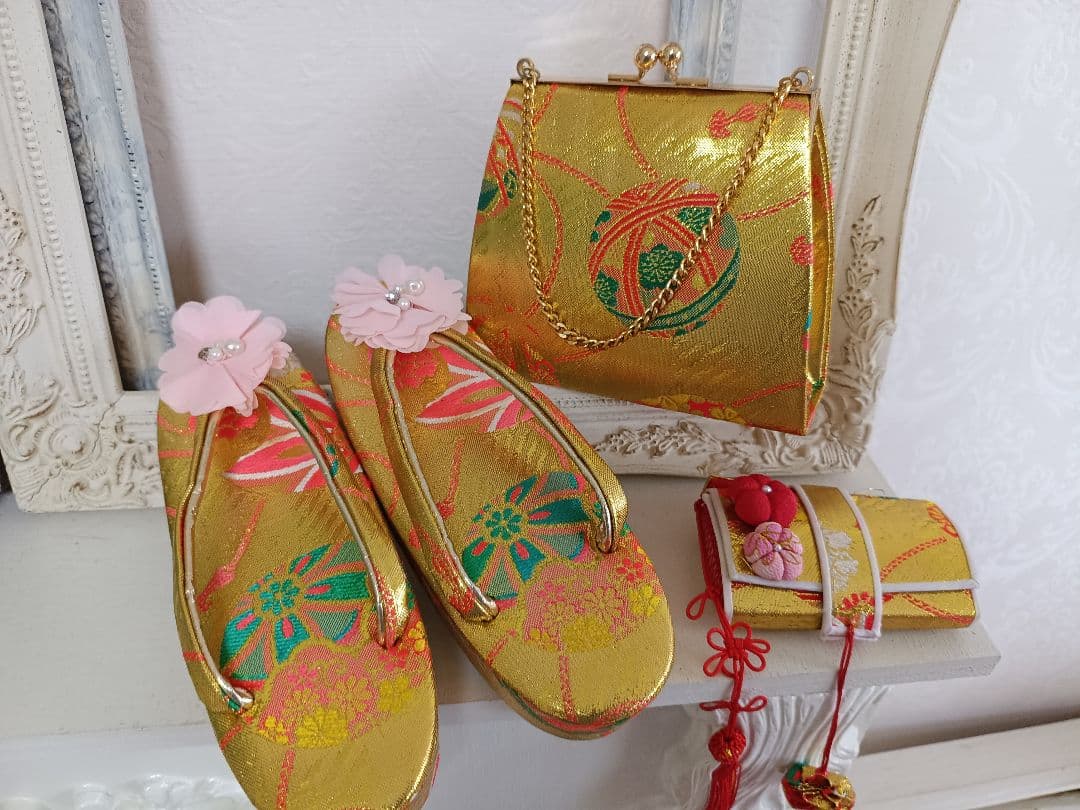 アンティーククリーム色に梅の花の着物と作り帯☆七五三フルセット