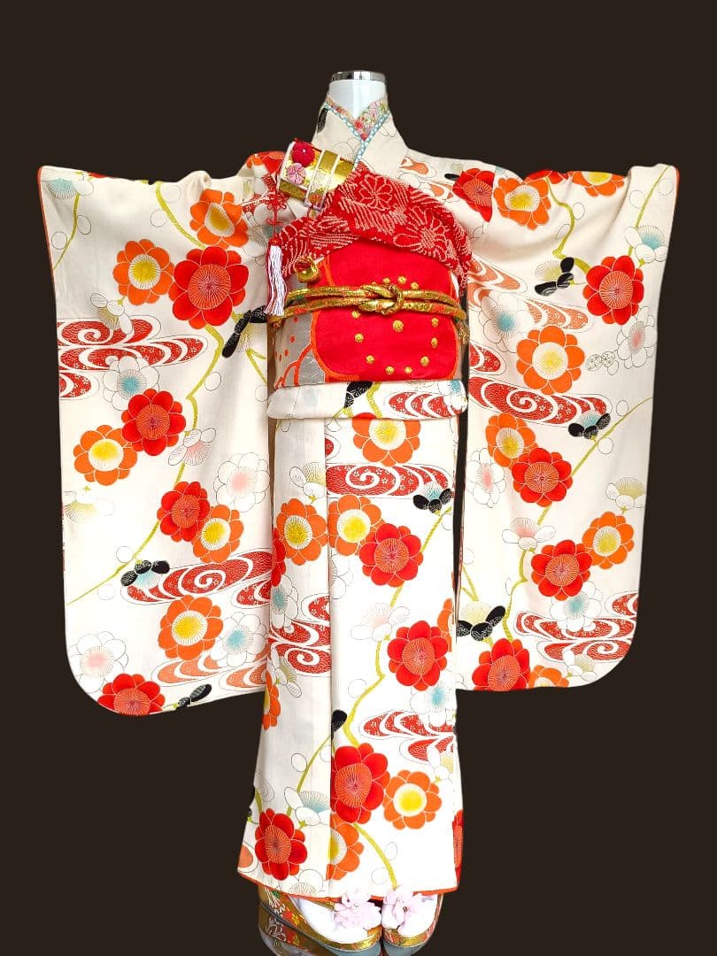 アンティーククリーム色に梅の花の着物と作り帯☆七五三フルセット