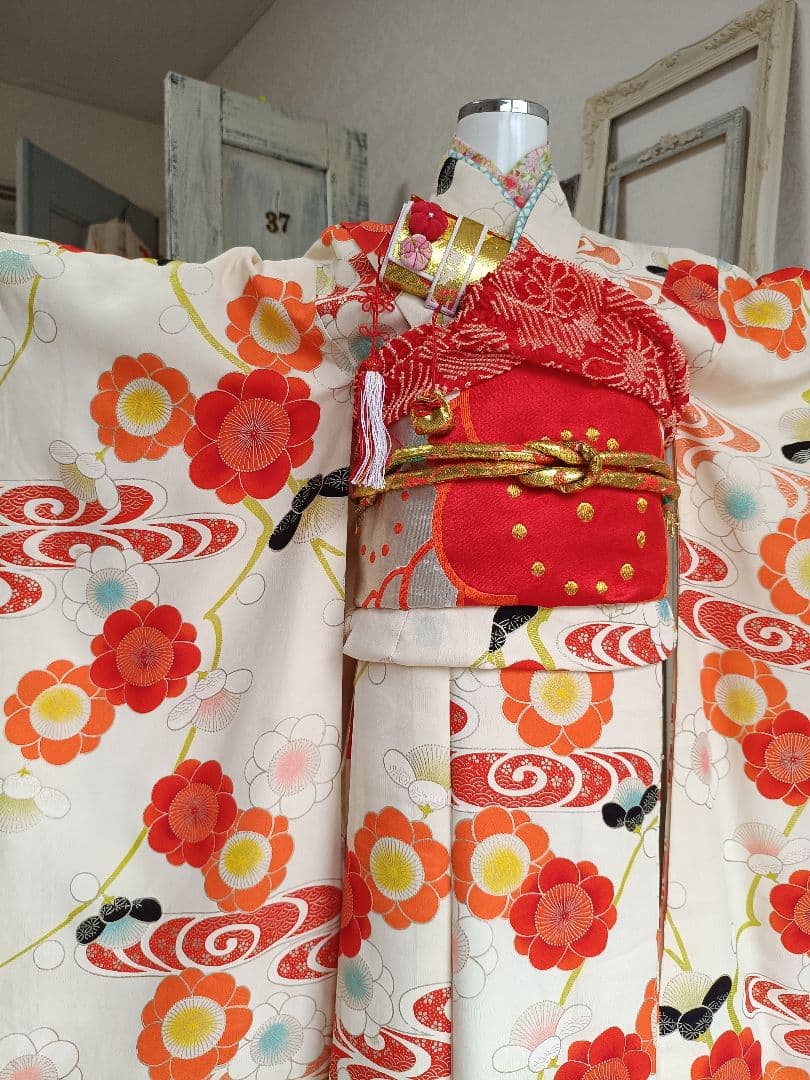 アンティーククリーム色に梅の花の着物と作り帯☆七五三フルセット