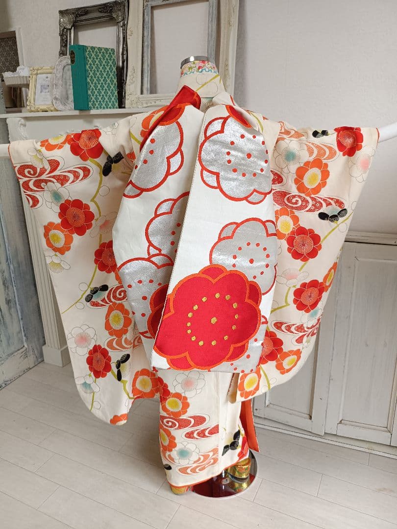 アンティーククリーム色に梅の花の着物と作り帯☆七五三フルセット