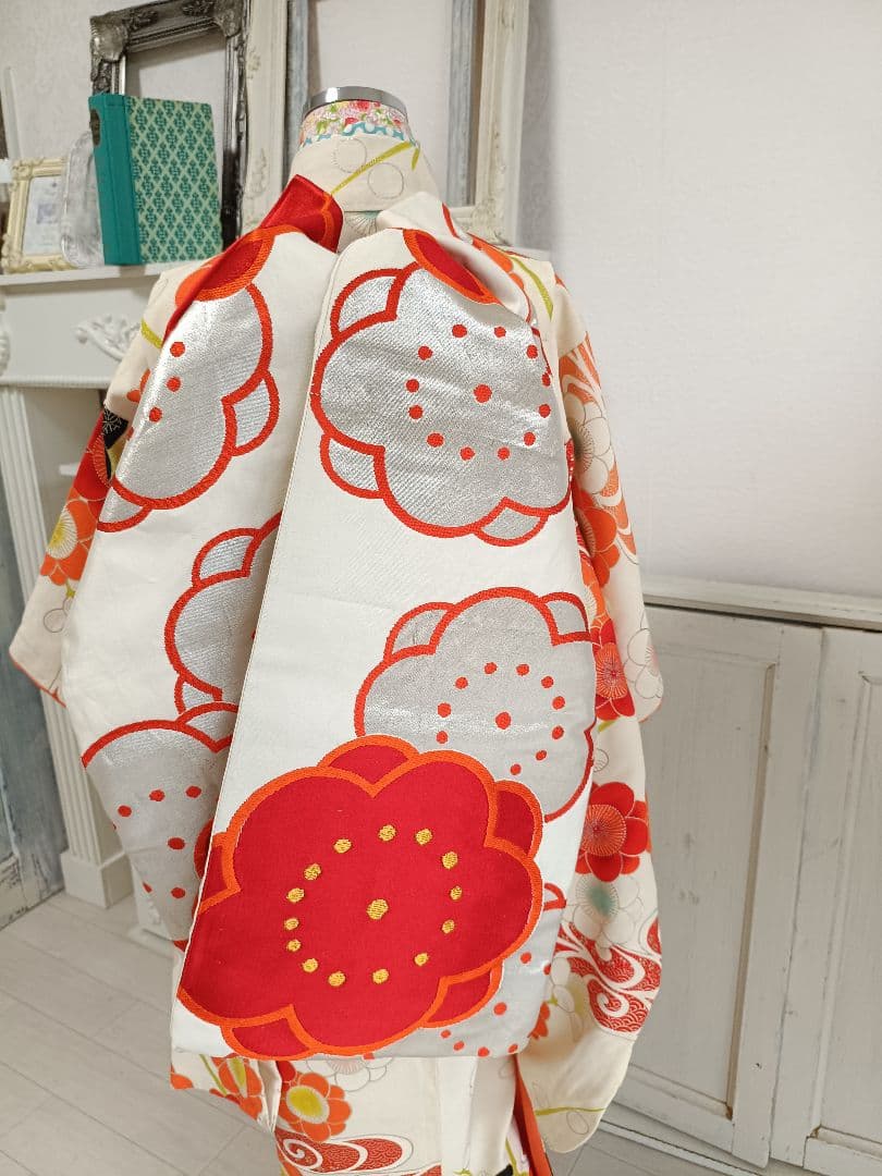 アンティーククリーム色に梅の花の着物と作り帯☆七五三フルセット