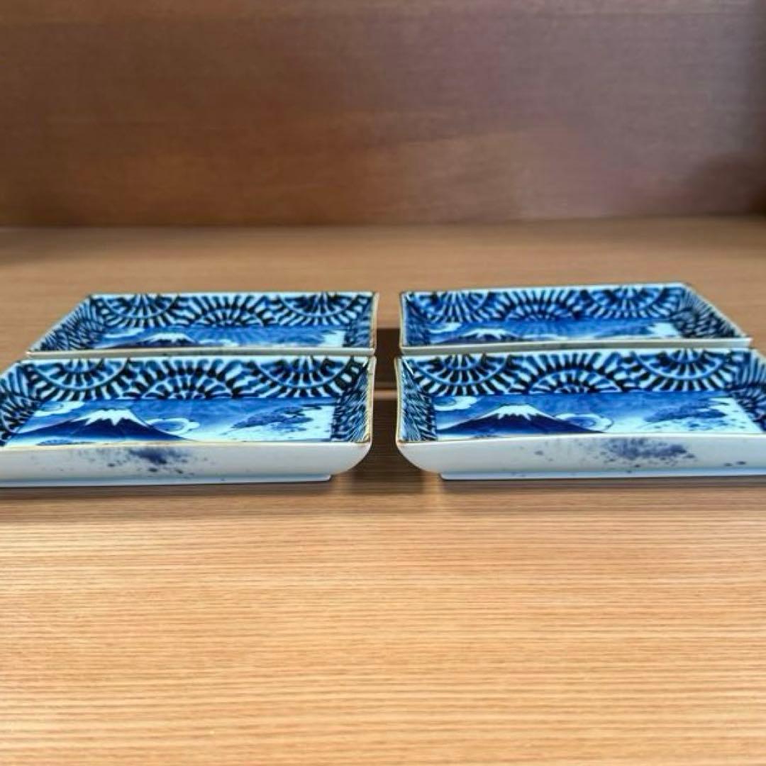 有田焼 福泉窯：染付濃蛸唐草富士山文 小焼物皿 4枚セット☆